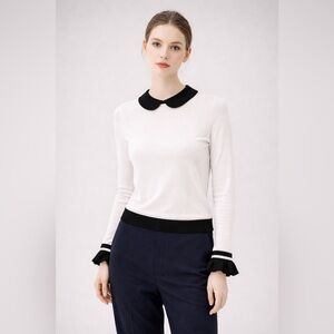 Alice + Olivia Justina Contrast Collar Bow Sweater XS Romantic Preppy Knit